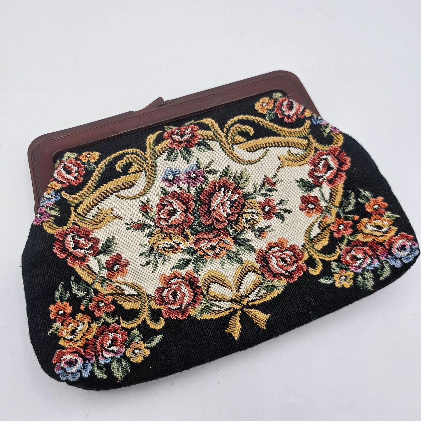 Vintage Victorian Style Floral Tapestry Clutch With Brown Lucite Kiss Lock Frame