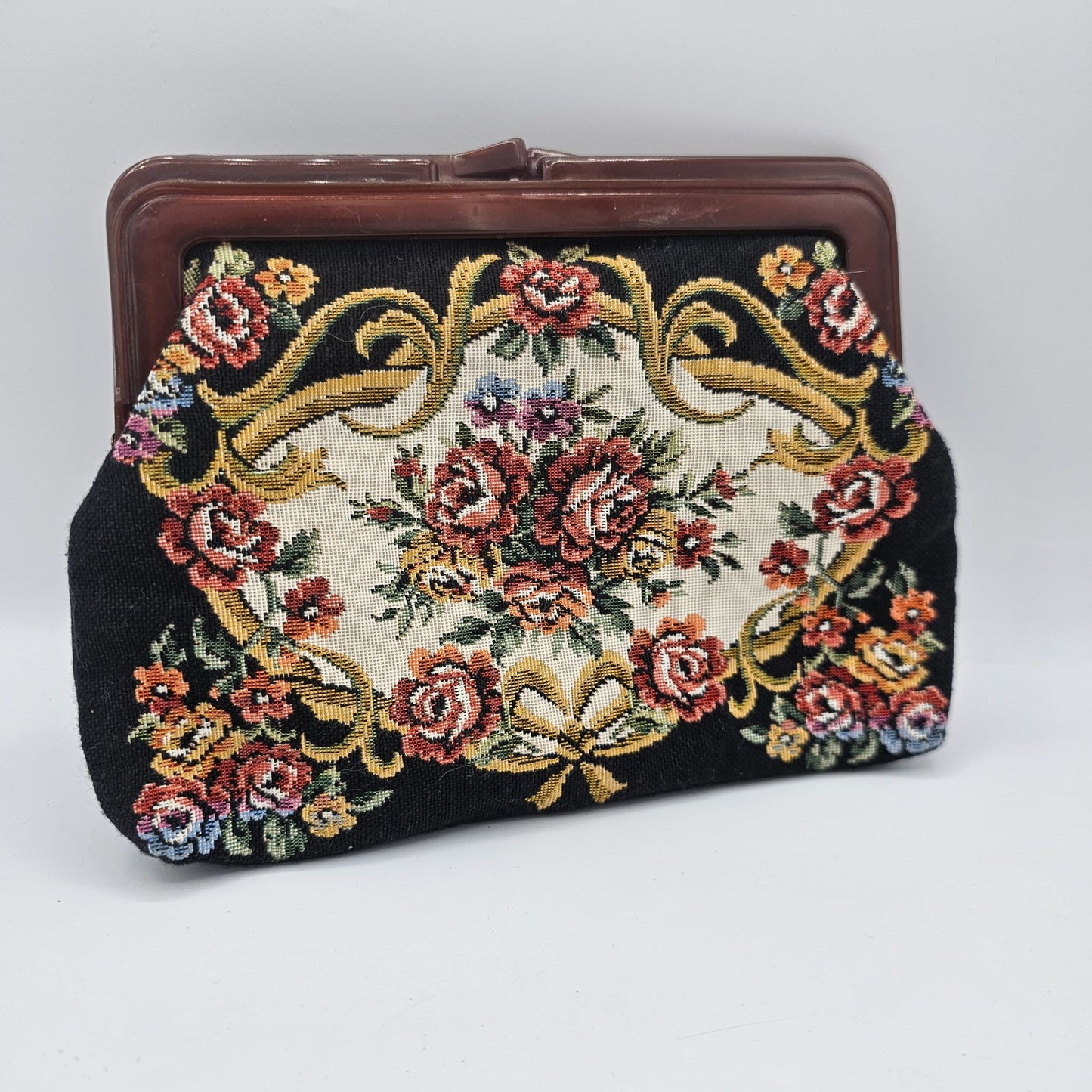 Vintage Victorian Style Floral Tapestry Clutch With Brown Lucite Kiss Lock Frame