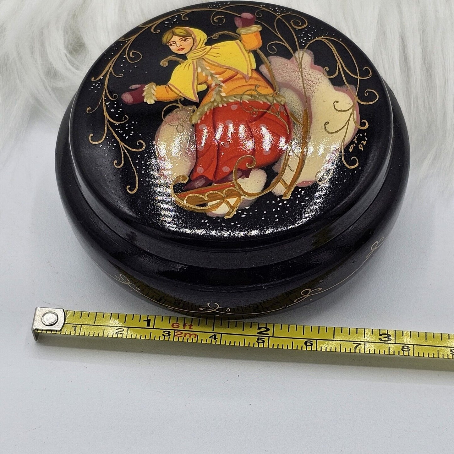 Russian Vintage Lacquer Round Trinket Box Hand Painted Fairy Tale Lady Sleigh