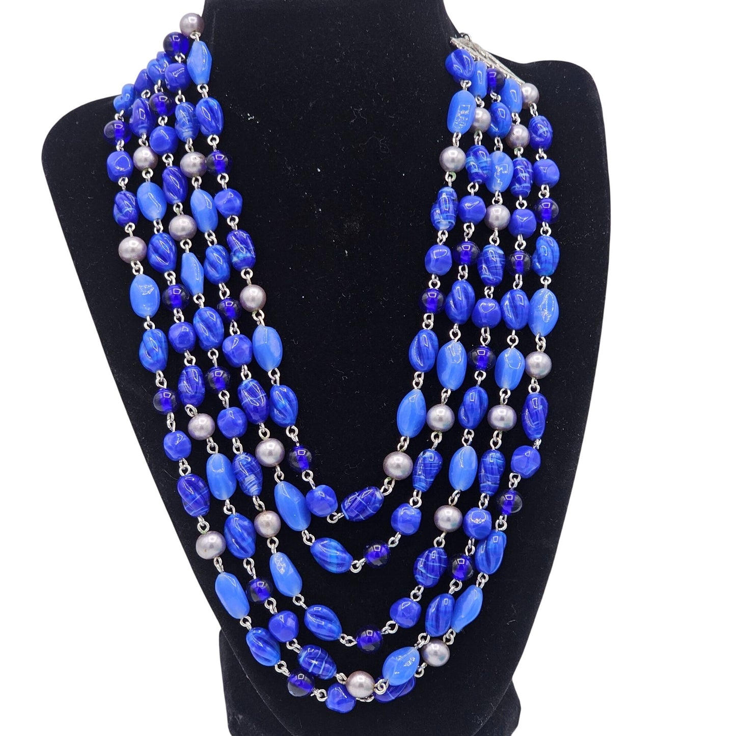 Vintage Multi-Strand 5 Full Blue Glass Beaded Necklace Silver-Tone Chain 16 in