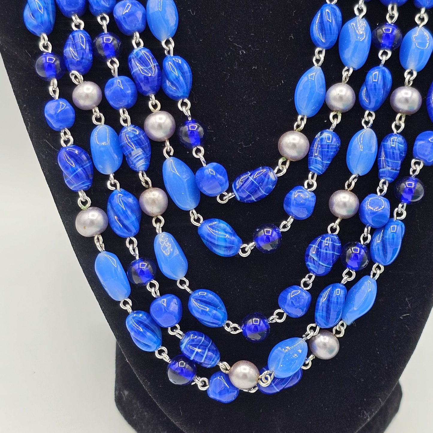 Vintage Multi-Strand 5 Full Blue Glass Beaded Necklace Silver-Tone Chain 16 in