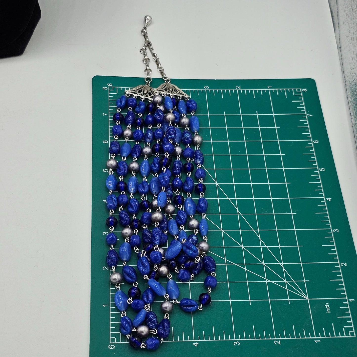 Vintage Multi-Strand 5 Full Blue Glass Beaded Necklace Silver-Tone Chain 16 in