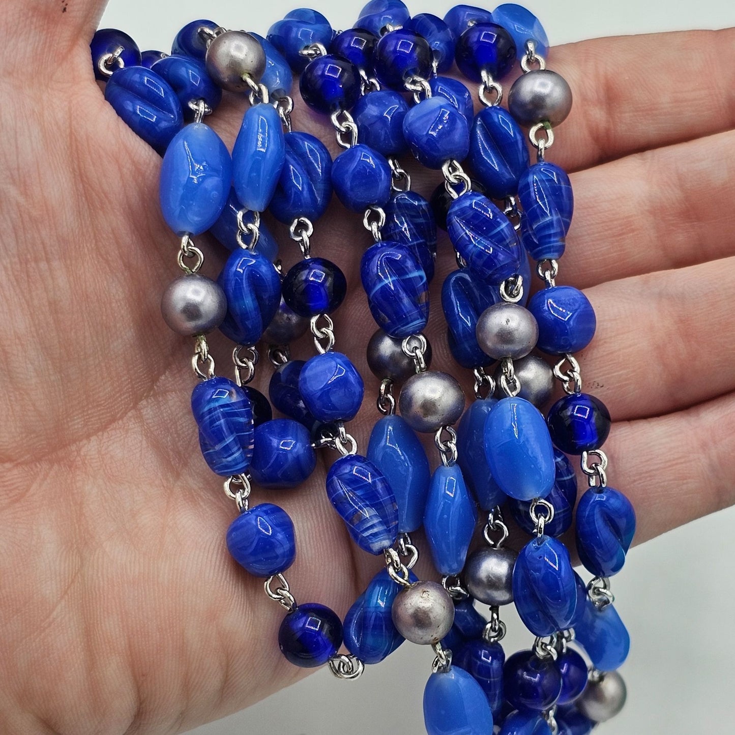 Vintage Multi-Strand 5 Full Blue Glass Beaded Necklace Silver-Tone Chain 16 in