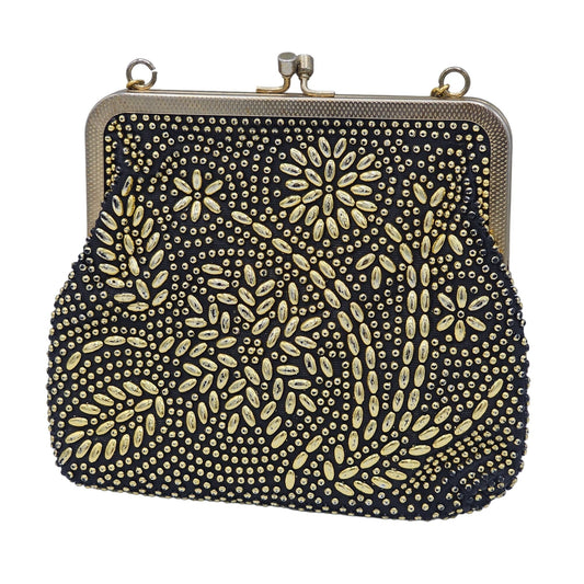 Golden Name Vintage Gold-tone Beaded Floral Design Clutch Purse