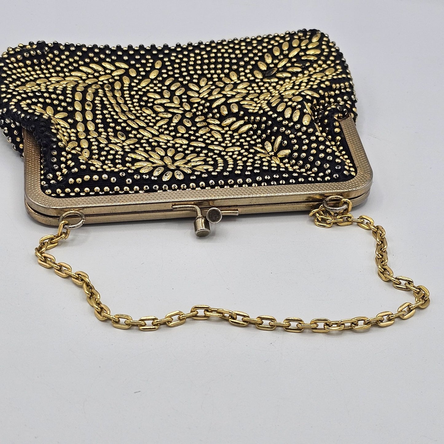 Golden Name Vintage Gold-tone Beaded Floral Design Clutch Purse