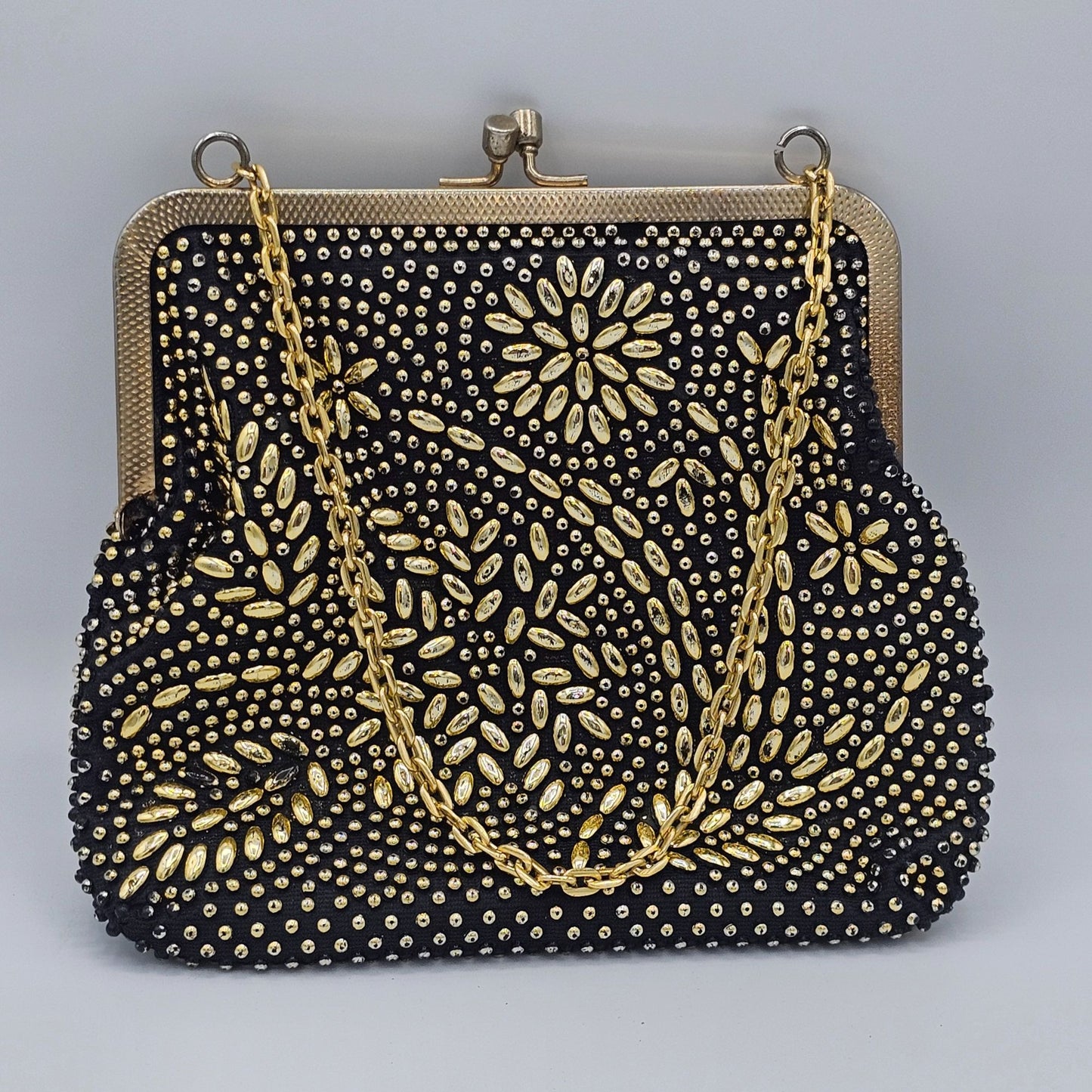 Golden Name Vintage Gold-tone Beaded Floral Design Clutch Purse