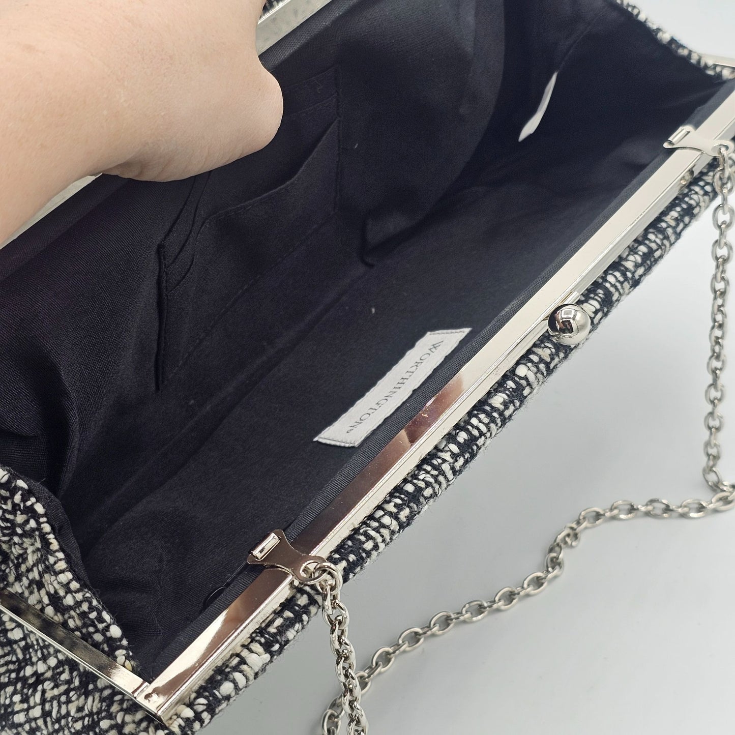 Worthington Black & White Tweed Wool Blend Handbag Clutch With Chain Strap