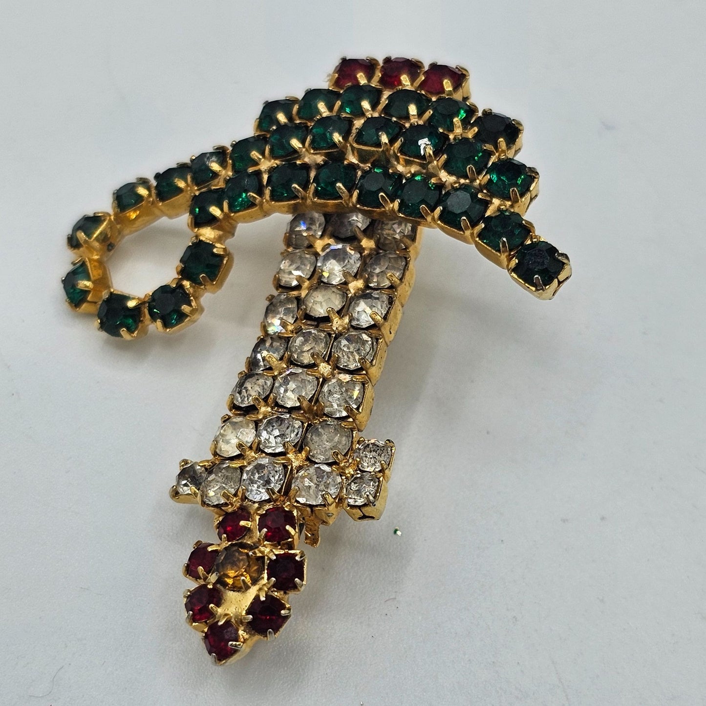 Vintage Rhinestone Candle Brooch Magic Lamp Red Green Christmas Jewelry Pin