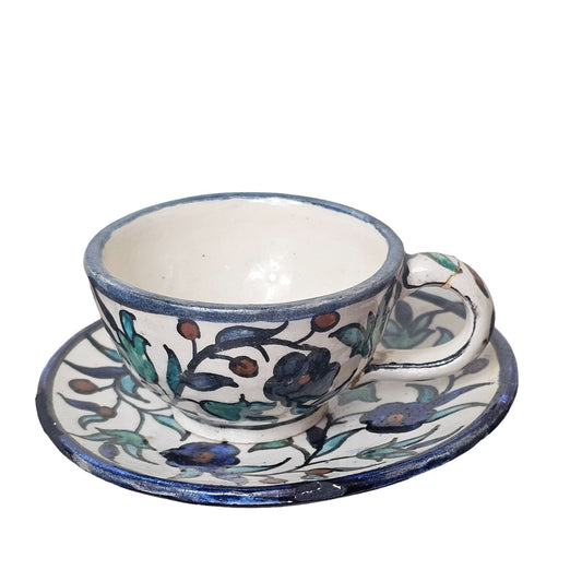 Hand-Painted Floral Ceramic Tea Cup & Saucer Set From Jerusalem Vintage