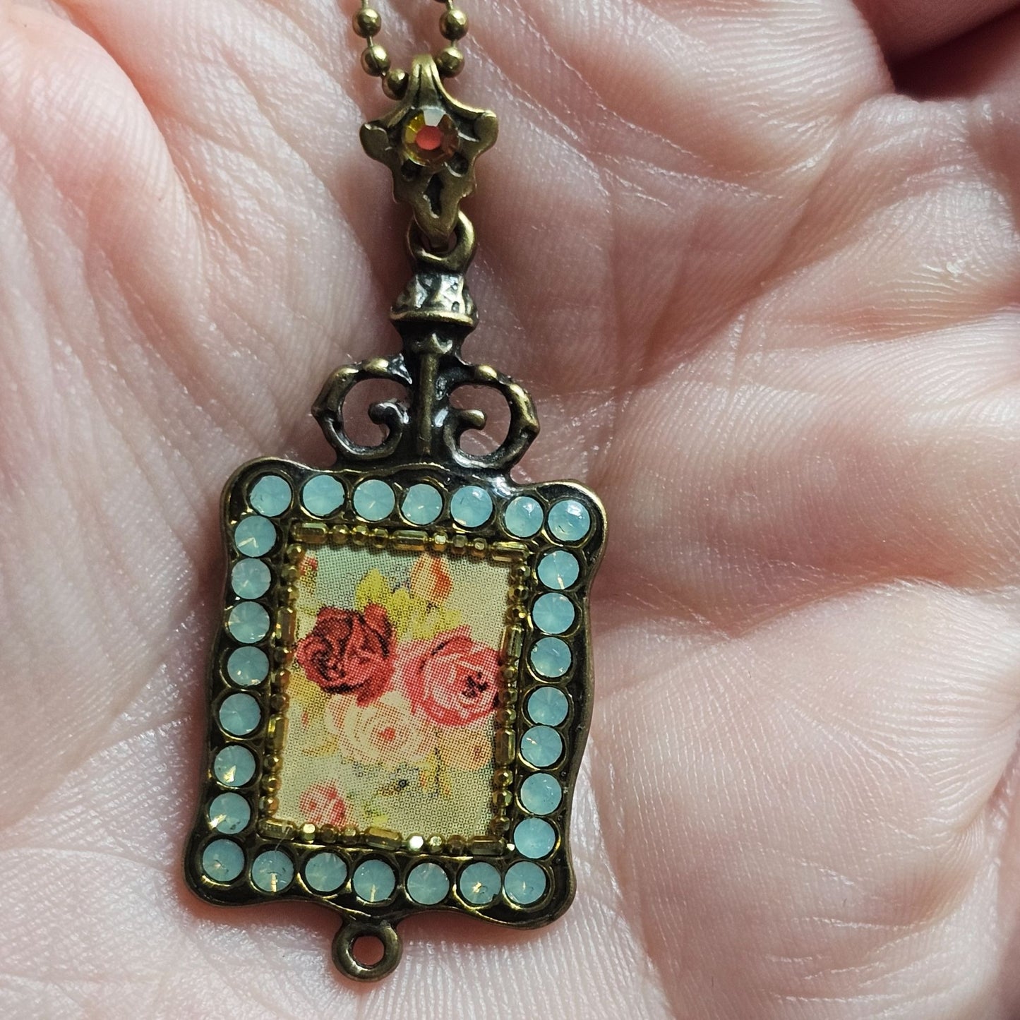 Vintage Style Michal Negrin Brass Necklace Floral Pendant Crystal Accents 18"