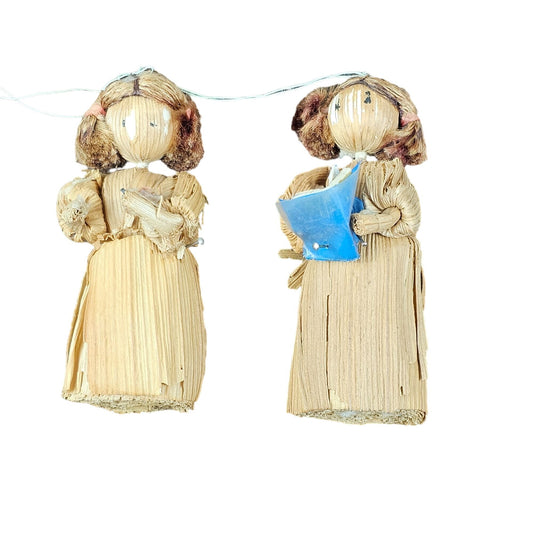 Set of 2 Vintage Christmas Holiday Carol Singing Cornhusk Female Dolls Handmade