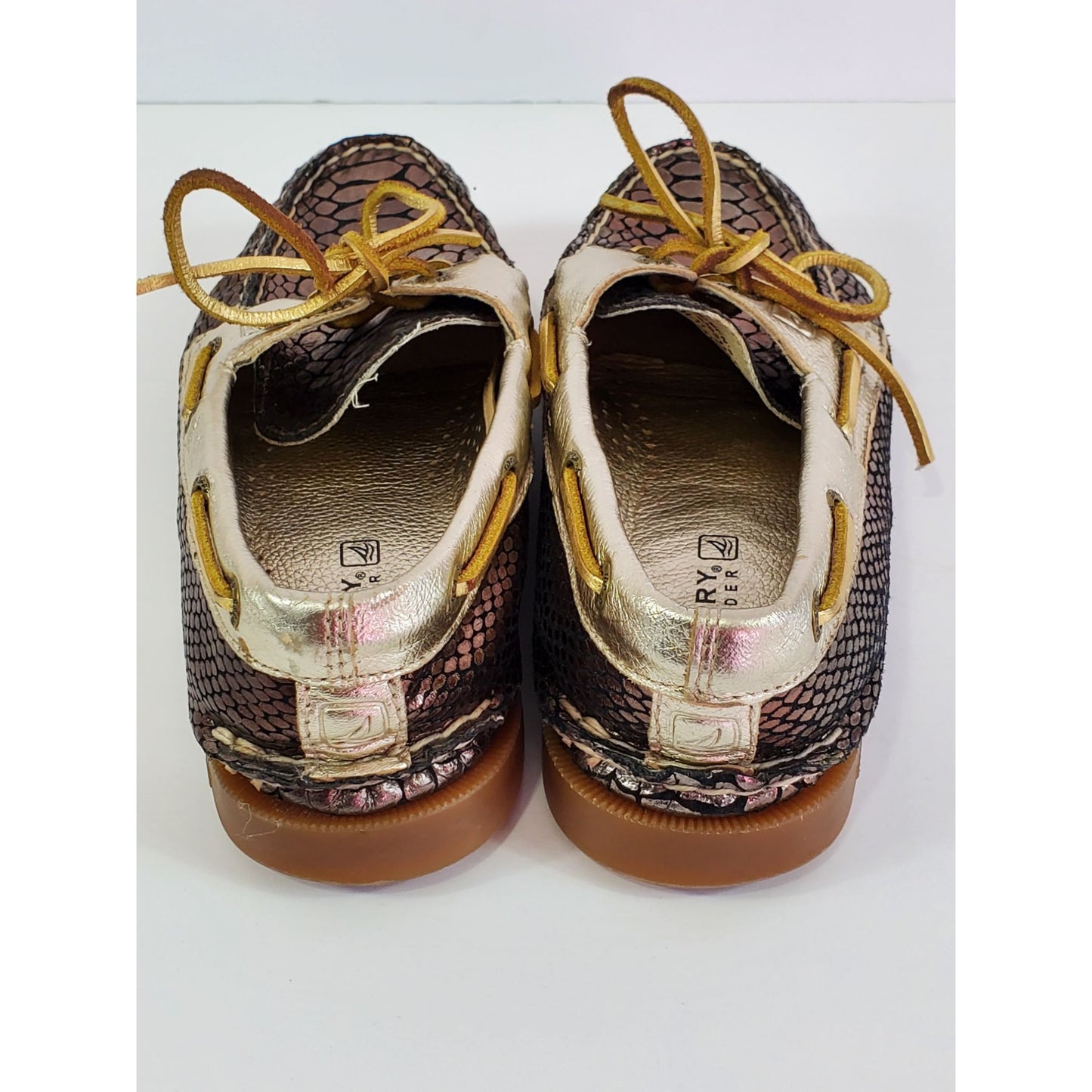 Sperry Top Slider Gold Boa Snakeskin Print Leather Boat Shoe Size 7