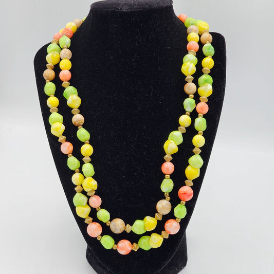 Pastel Green Pink Plastic Beaded 2 Strand Vintage Necklace