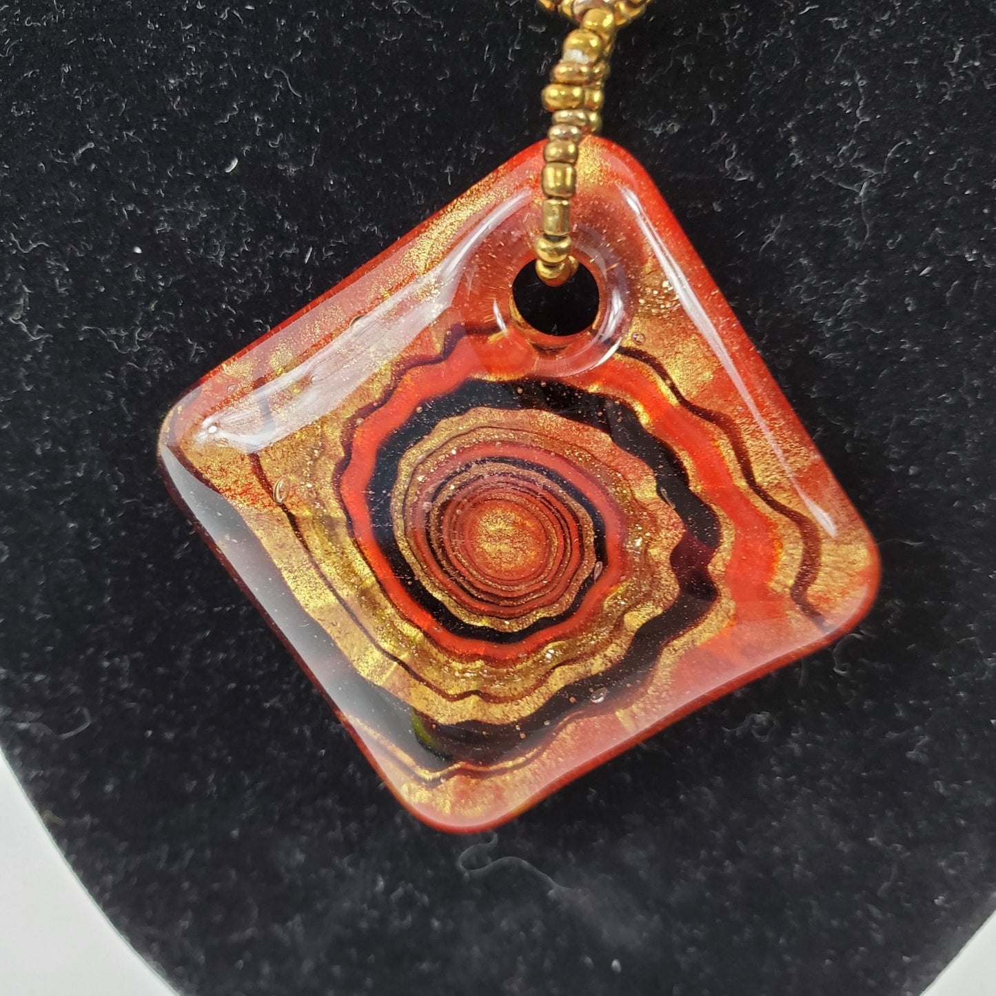 Vintage Blown Glass Red and Copper Swirl Art Pendant on 2 Stranded Copper Beaded Chain