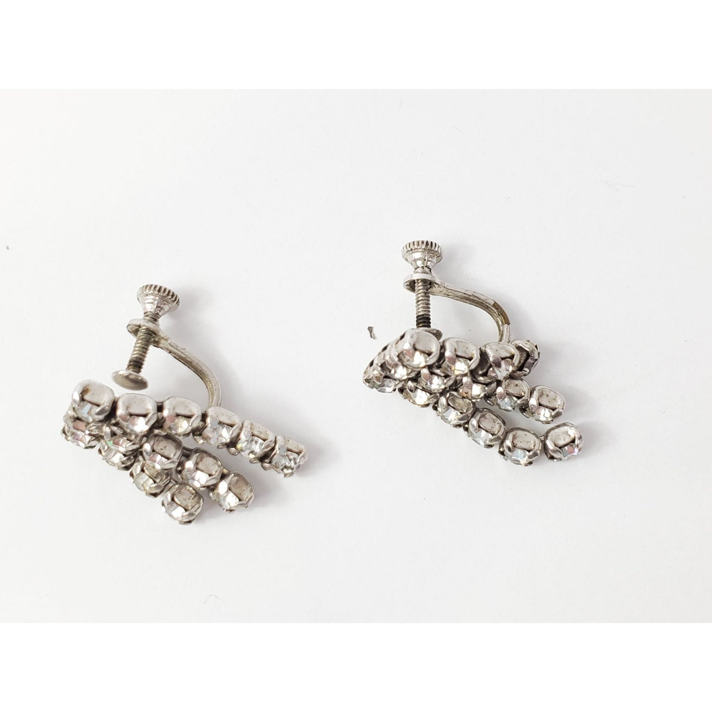 Vintage Silver-tone Rhinestone Screwback Layered Block Earrings