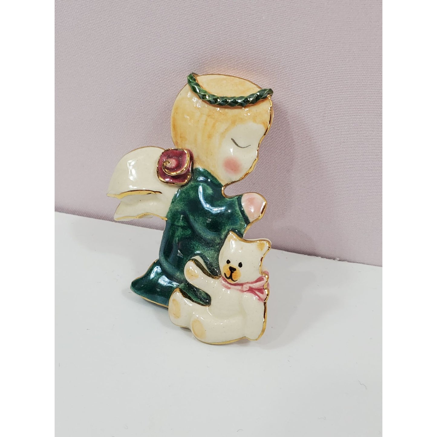 Praying Angel And Kitten Handcrafted Porcelain Brooch Vintage