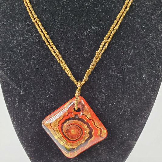 Vintage Blown Glass Red and Copper Swirl Art Pendant on 2 Stranded Copper Beaded Chain