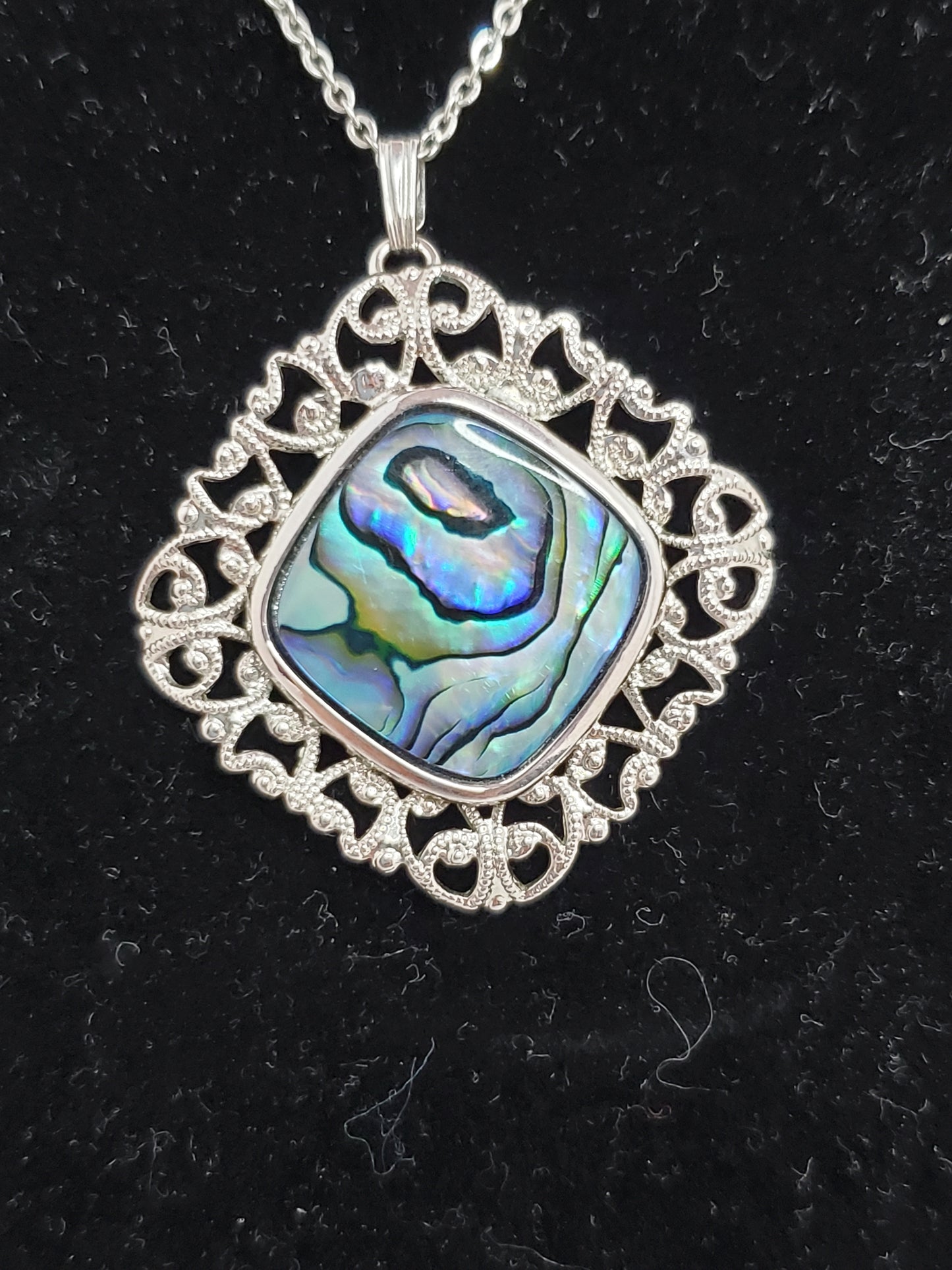 Filigree Abalone Swirl Pendant on Nickel Silver Chain