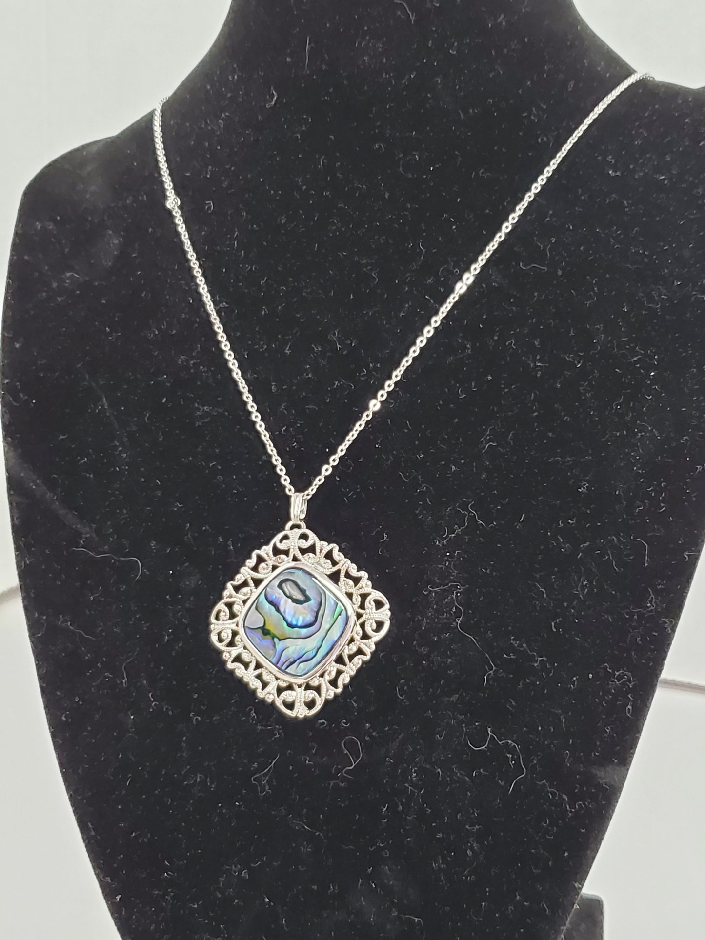 Filigree Abalone Swirl Pendant on Nickel Silver Chain