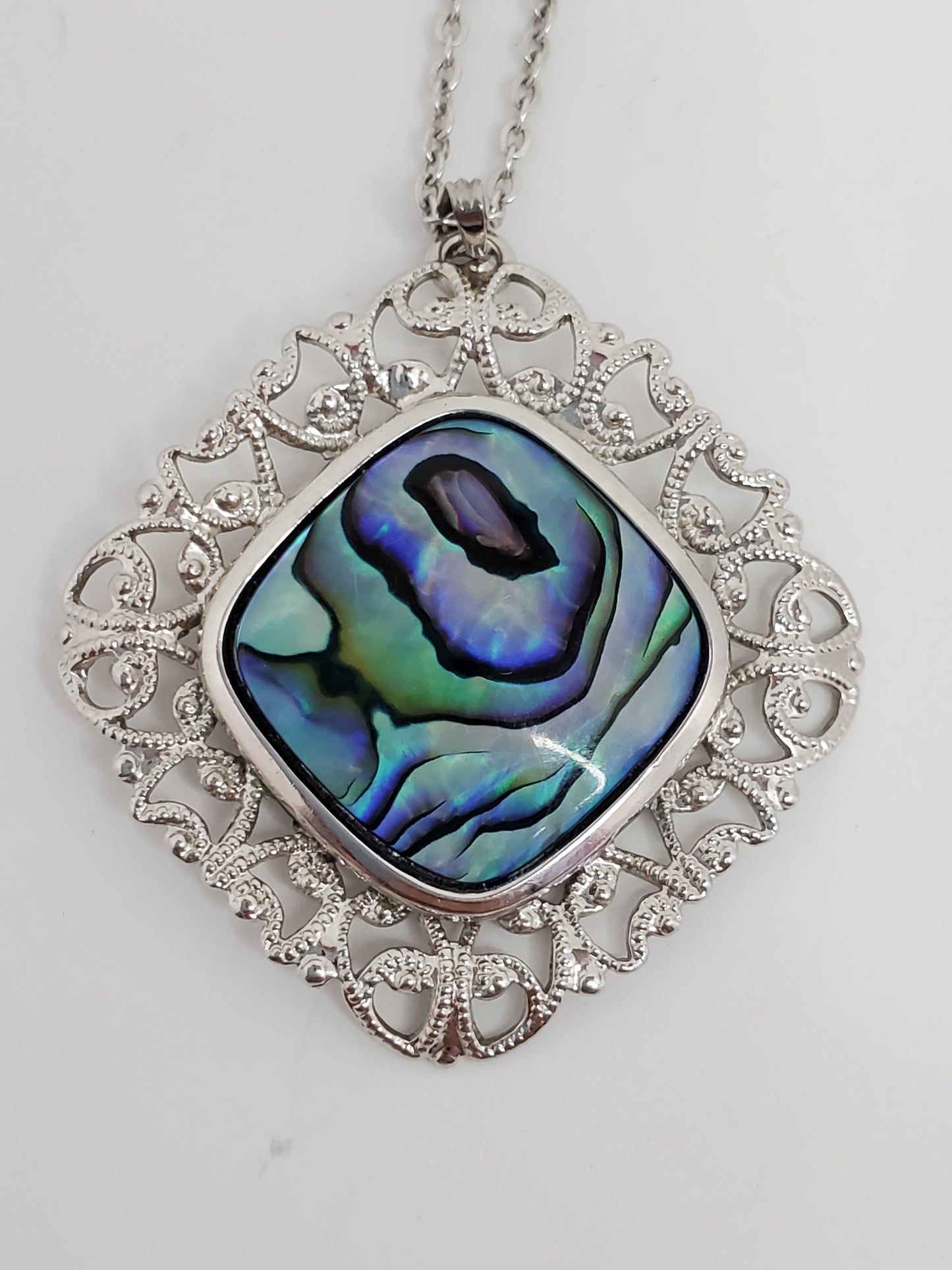 Filigree Abalone Swirl Pendant on Nickel Silver Chain