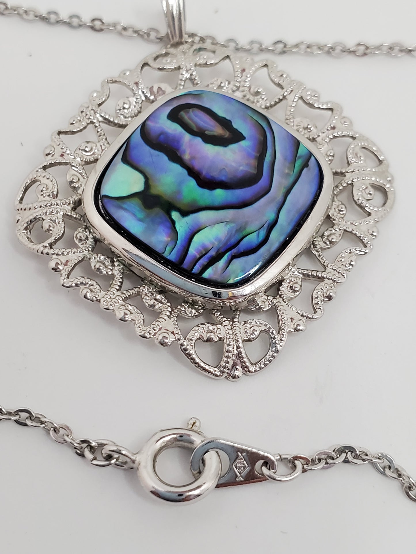 Filigree Abalone Swirl Pendant on Nickel Silver Chain