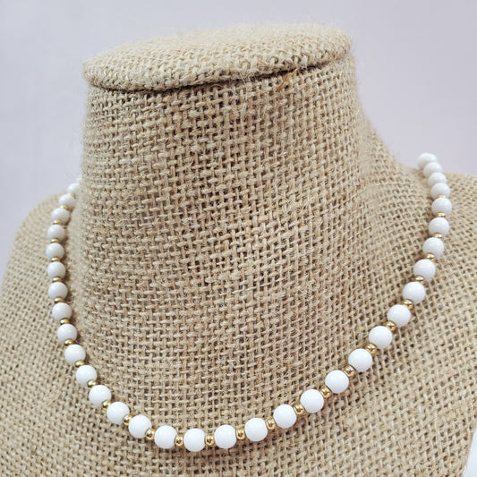 Vintage Signed Monet White And Gold Beaded Long Necklace