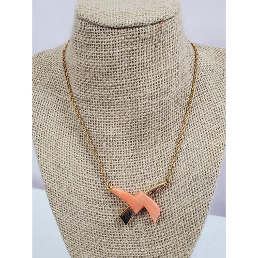 Vintage D'orlan Signed Gold-tone with Coral Enamal Bow Tie Necklace