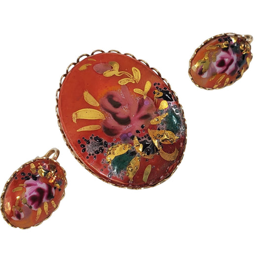 Vintage Red Floral Handpainted Brooch Earrings Set