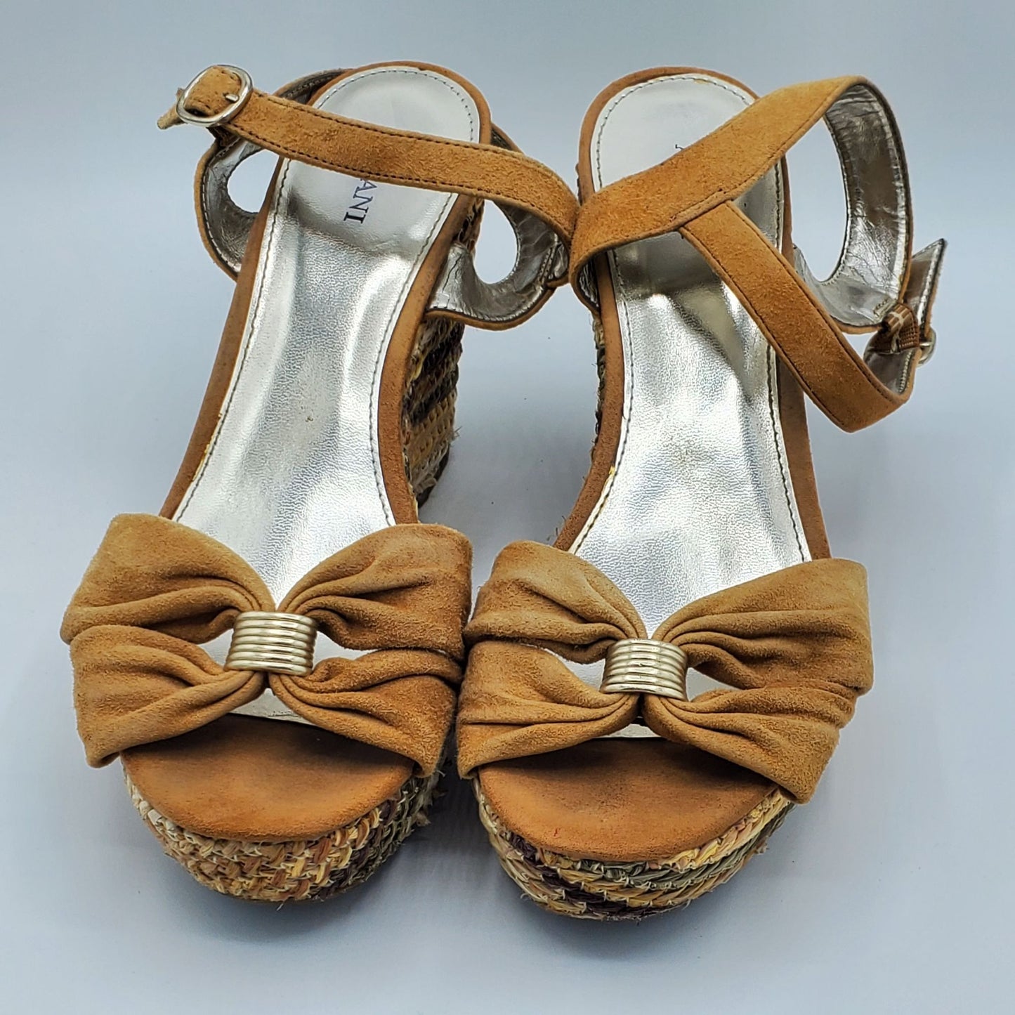 Alfani Suede Tan Peep Toe Bow Striped Wedge Sandal Size 8