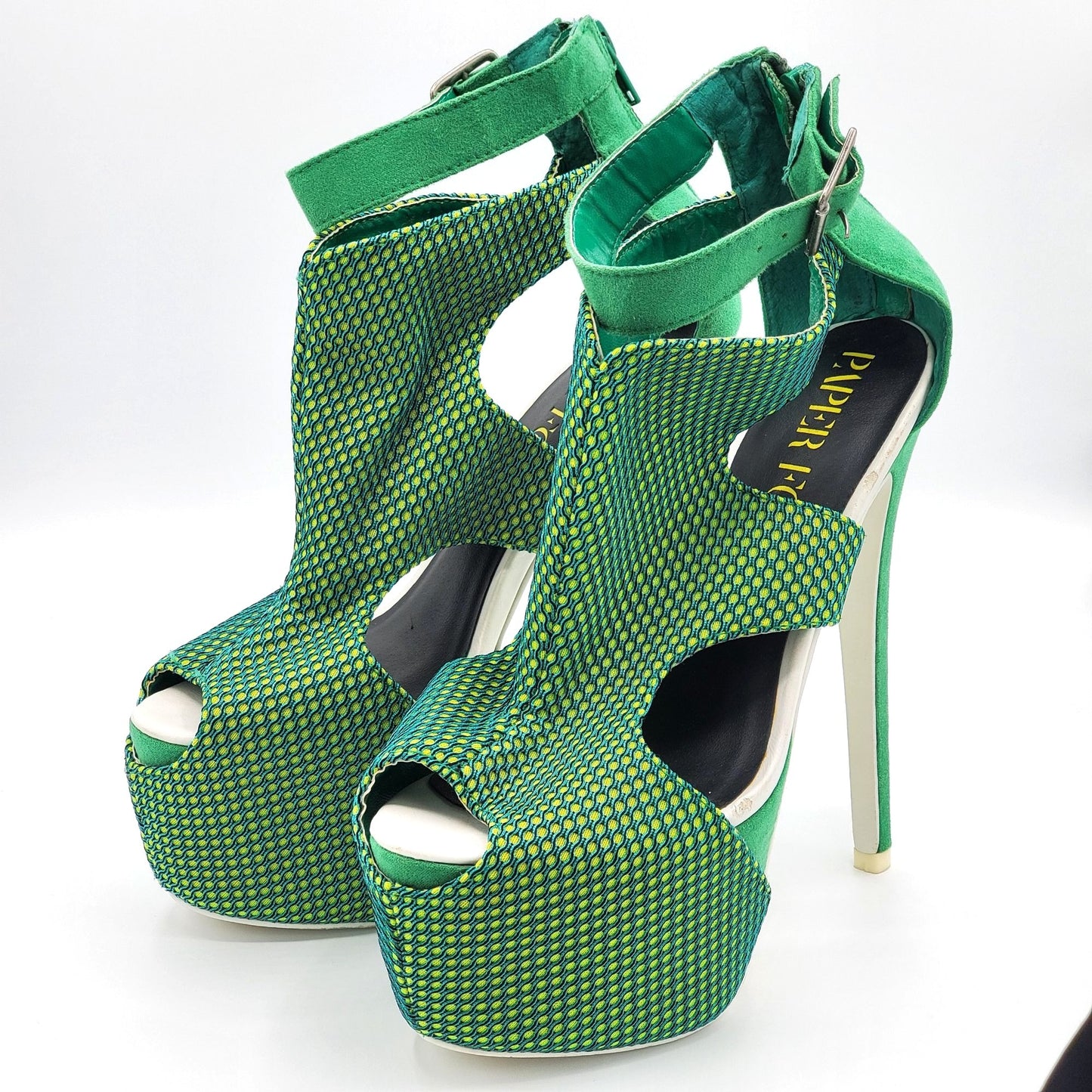 Paper Fox Green Blue Yellow Netted Mesh Dancer Stilettos Size 6.5