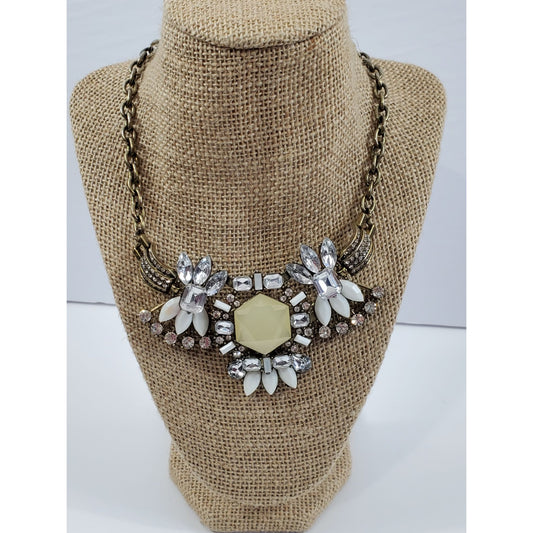 Huge Chunky Rhinestone Statement Necklace Brass Pale Yellow White Stones