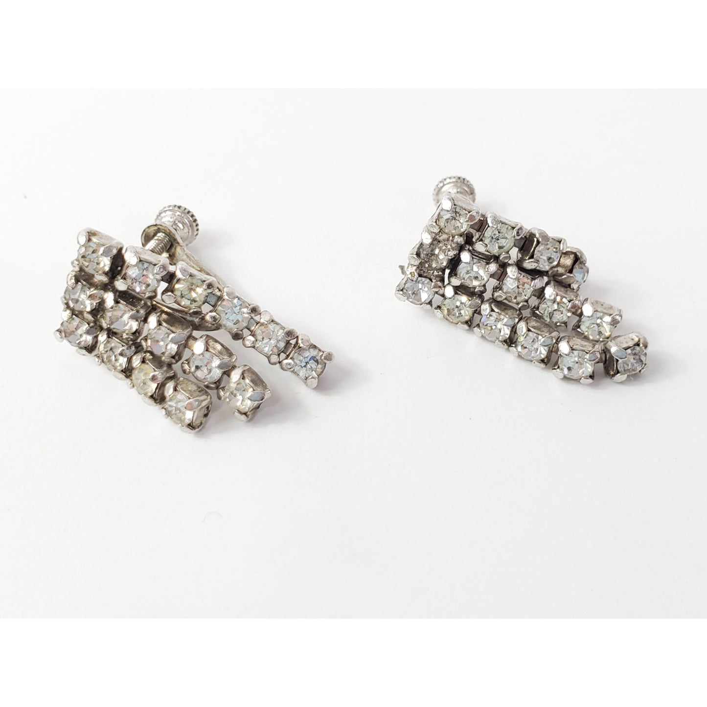 Vintage Silver-tone Rhinestone Screwback Layered Block Earrings