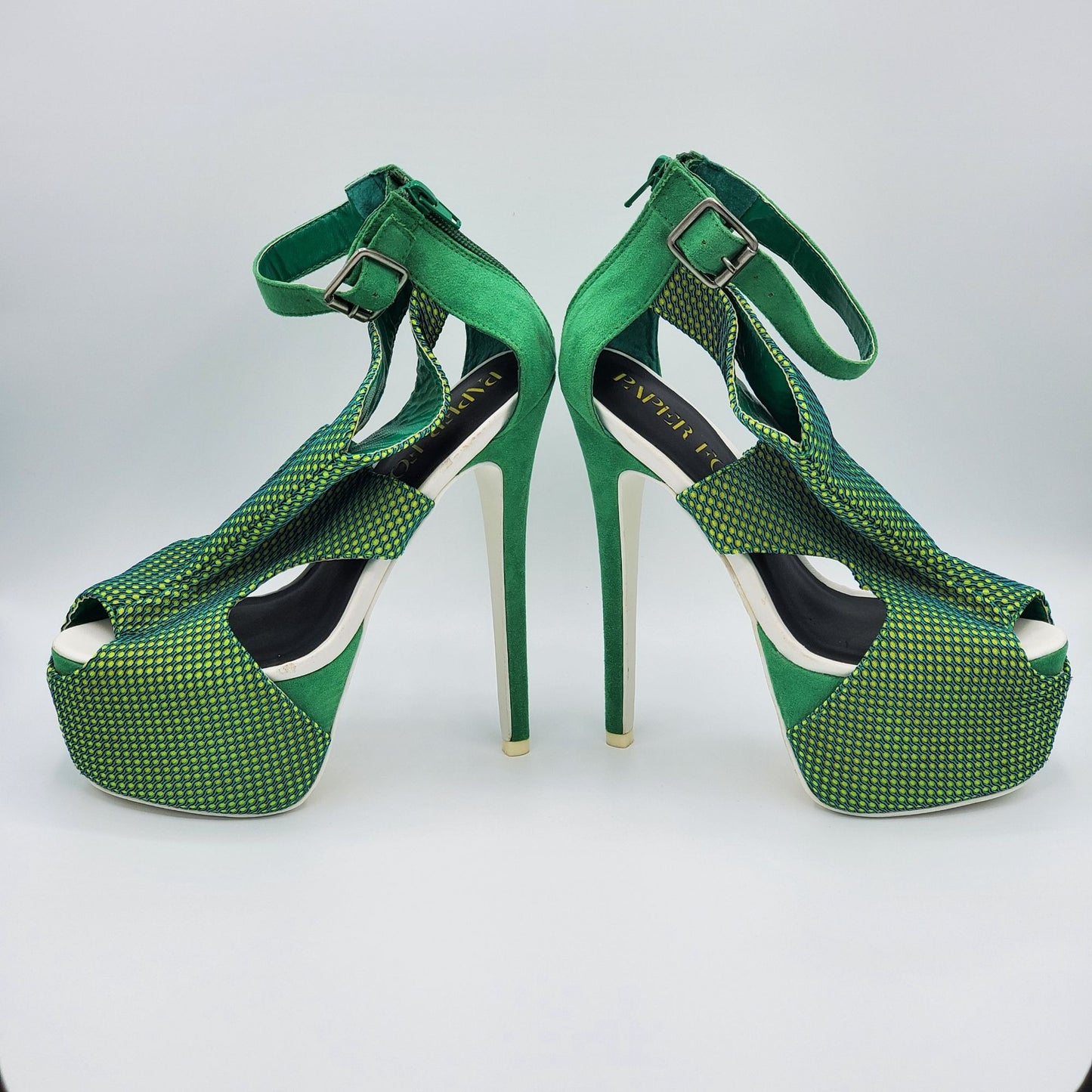 Paper Fox Green Blue Yellow Netted Mesh Dancer Stilettos Size 6.5