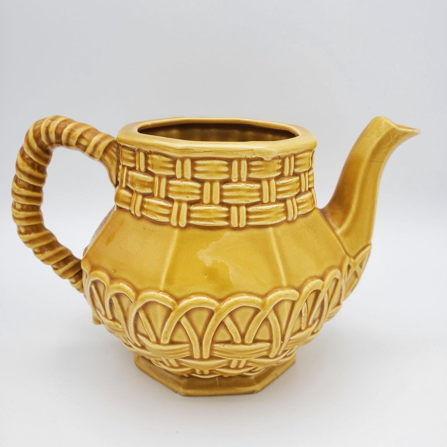 Mustard Yellow Basket Woven Glazed Decorative Tea Pot Cottagecore