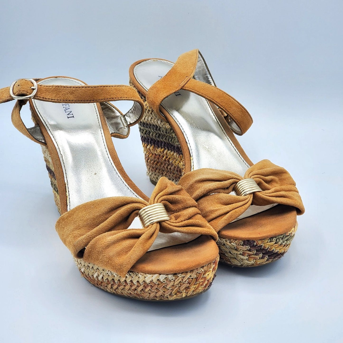 Alfani Suede Tan Peep Toe Bow Striped Wedge Sandal Size 8