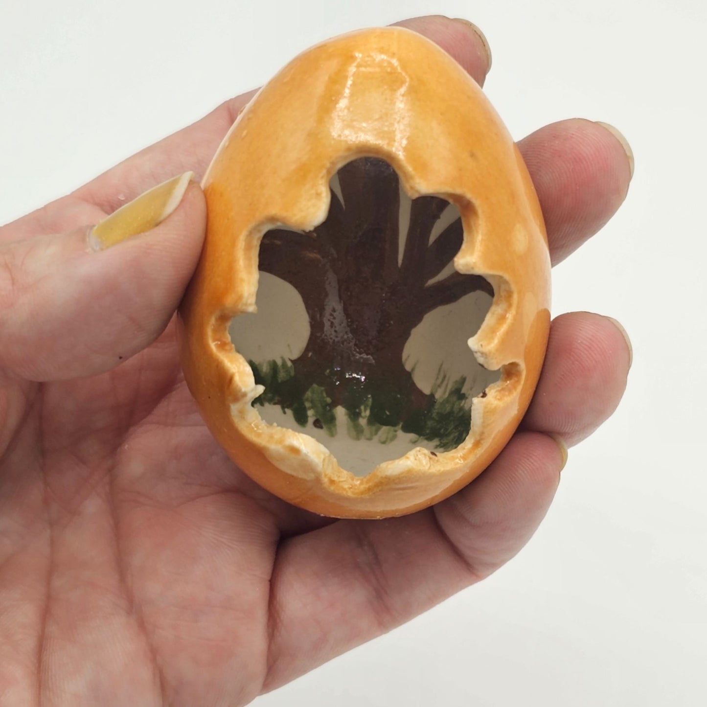 Handmade Hollow Cut Out Ceramic Egg Painted Tree Brown