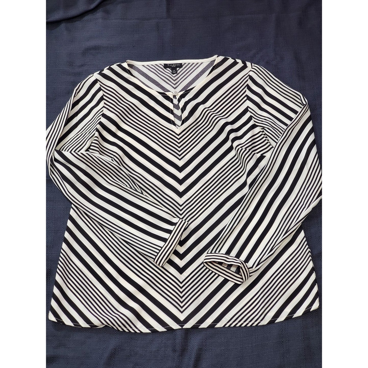 Talbots Petite Black White Chevron Striped Round Button Neck Blouse Size S