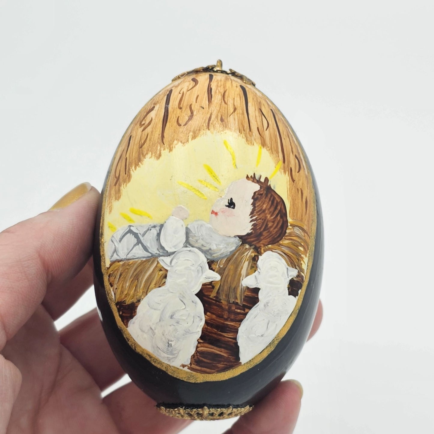Handpainted Wood Egg Baby Jesus Easter Ornament Green Yellow