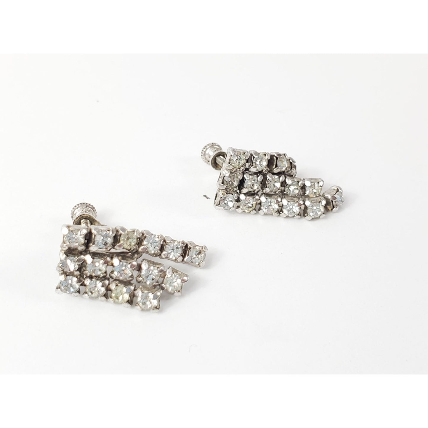 Vintage Silver-tone Rhinestone Screwback Layered Block Earrings